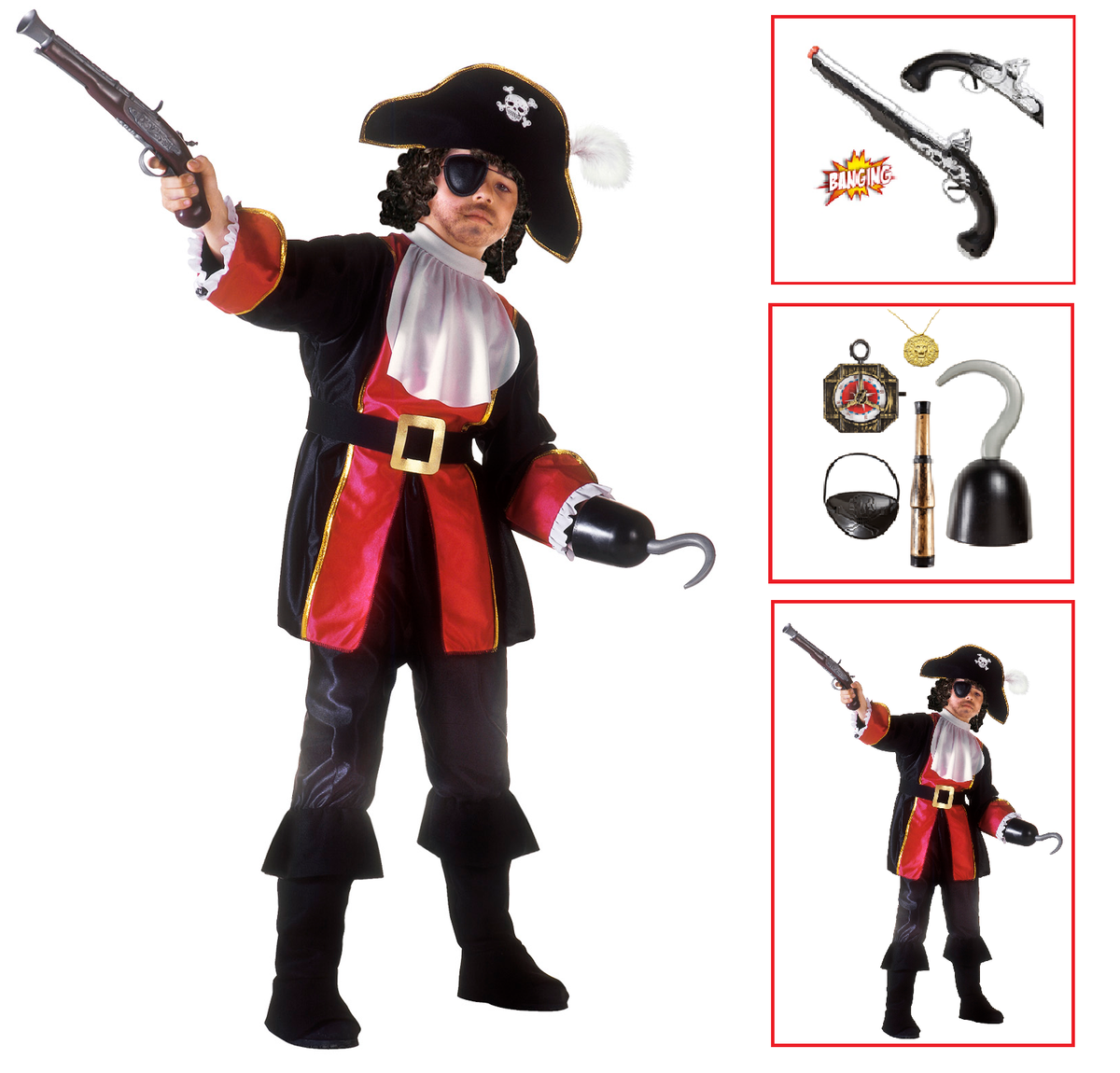 Vestito Carnevale + Accessori Capitano Pirata Costume Set Accessori Pistola 11/13 Anni Travestimento - 3883+8214k+04859