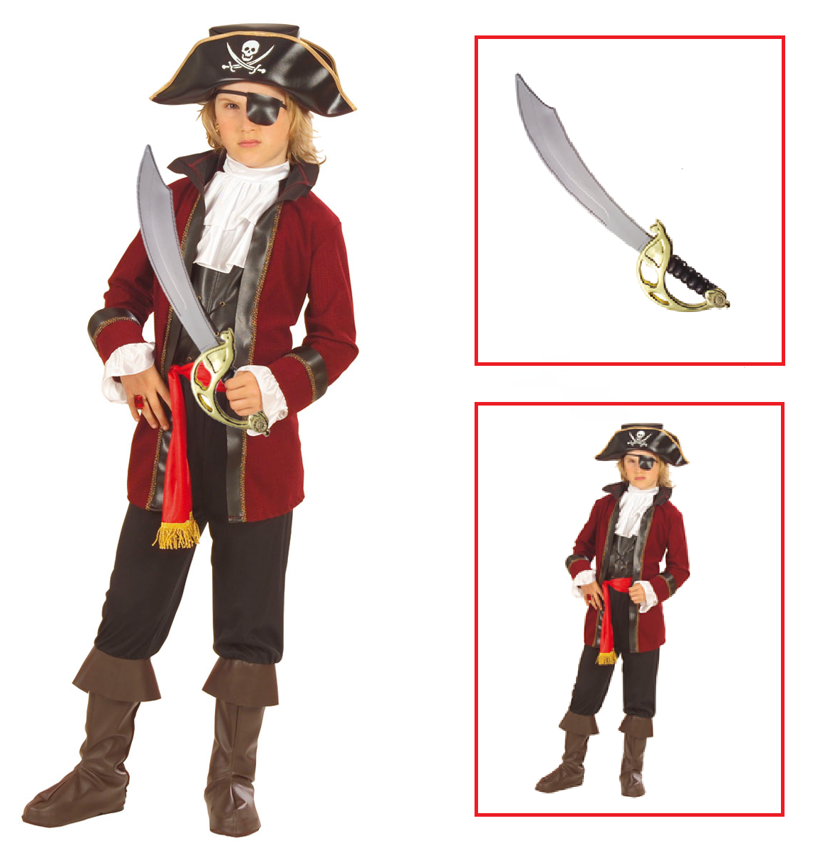 Vestito Carnevale + Accessori Pirata Dell'isola Del Tesoro Costume Sciabola 8/10 Anni Travestimento - 5559+7007b