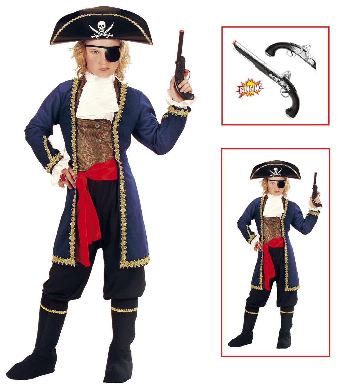 Vestito Carnevale + Accessori Pirata Dei 7 Mari Costume Cappello Pistola 5/7 Anni Travestimento - 5560+04859