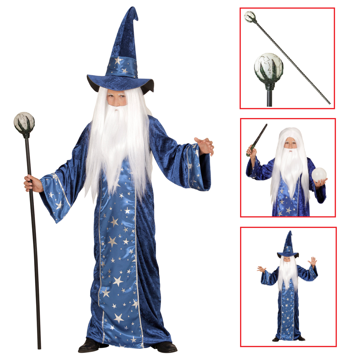 Vestito Carnevale + Accessori Mago Tunica Cappello Bastone Parrucca 4/5 Anni Travestimento - 1522+74600+52815