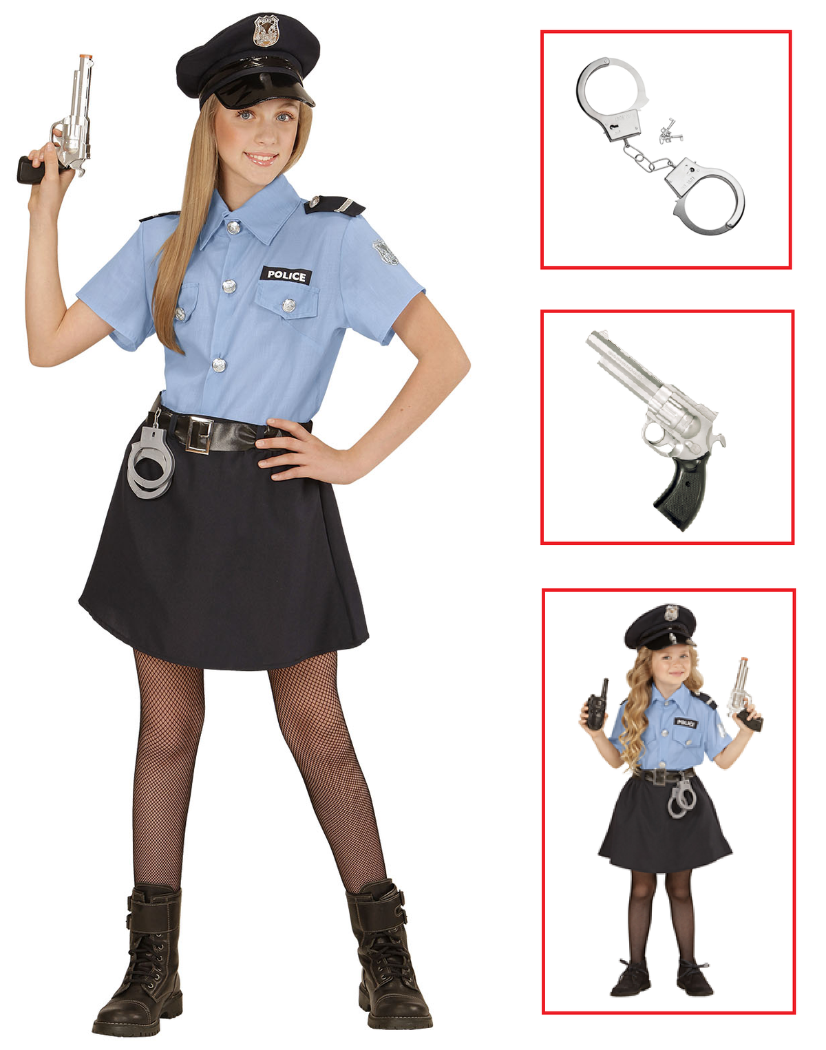 Vestito Carnevale + Accessori Poliziotta Costume Pistola Manette 4/5 Anni Travestimento - 0400+2413d+2775p