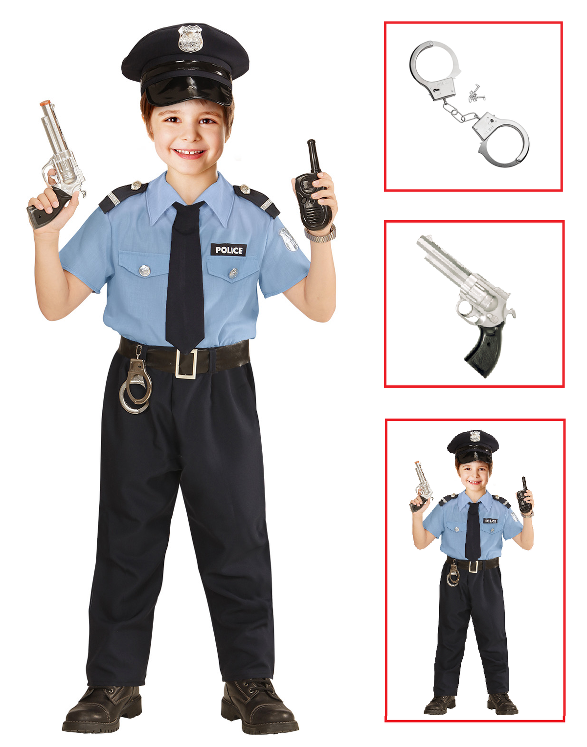 Vestito Carnevale + Accessori  Poliziotto Costume Pistola Manette 2/3 Anni Travestimento - 0402+2413d+2775p