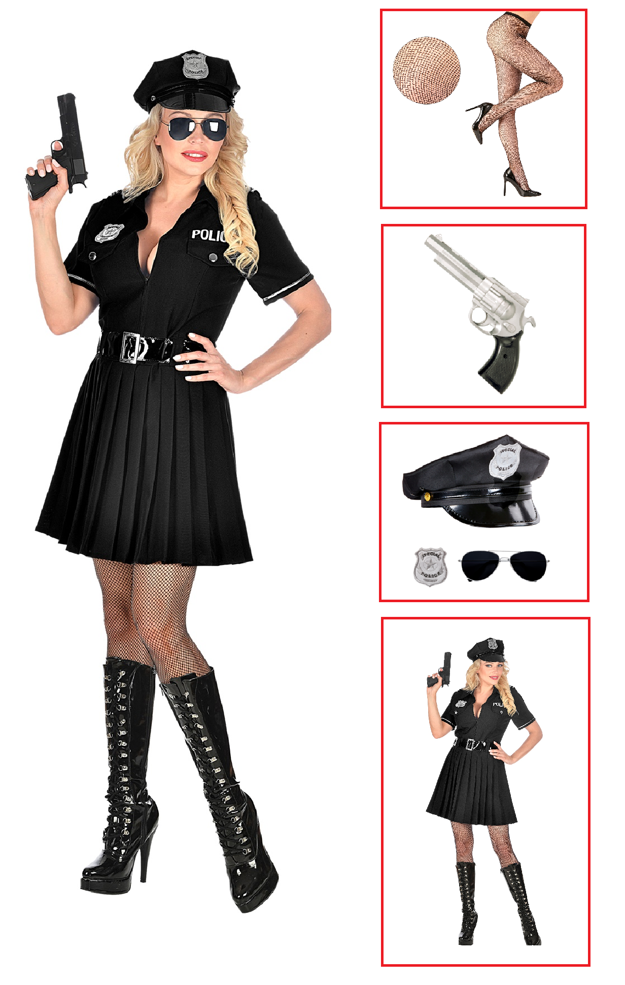 Vestito Carnevale + Accessori Poliziotta Vestito Pistola Calze Cappello Occhiali Tg M Travestimento - 0508 Adulto+2775p+4750r+95719