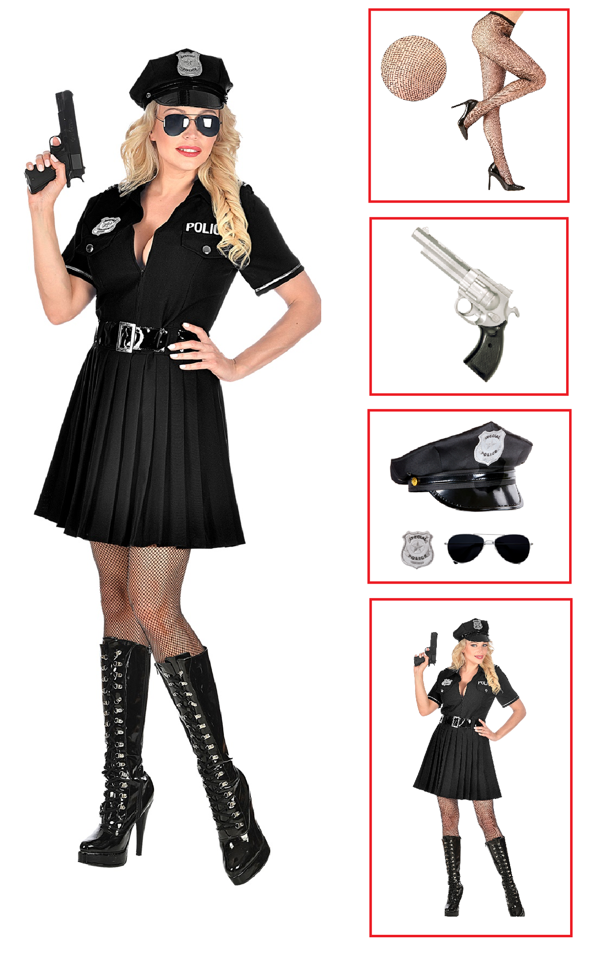 Vestito Carnevale + Accessori Poliziotta Vestito Pistola Calze Cappello Occhiali Tg XL Travestimento - 0508 Adulto+2775p+4750r+95719