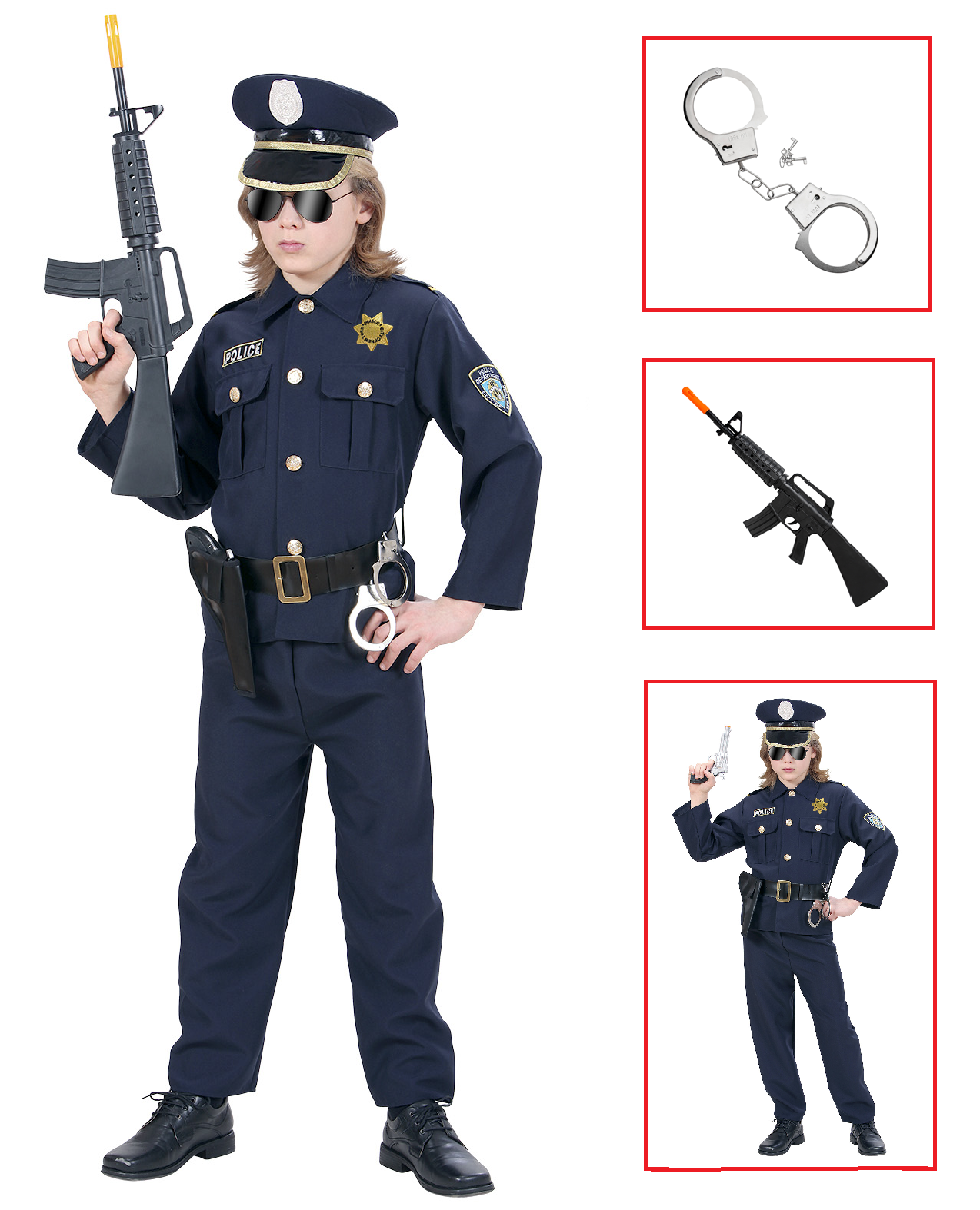 Vestito Carnevale + Accessori Poliziotto Costume Manette Fucile 8/10 Anni Travestimento - 7316+2413d+7084m