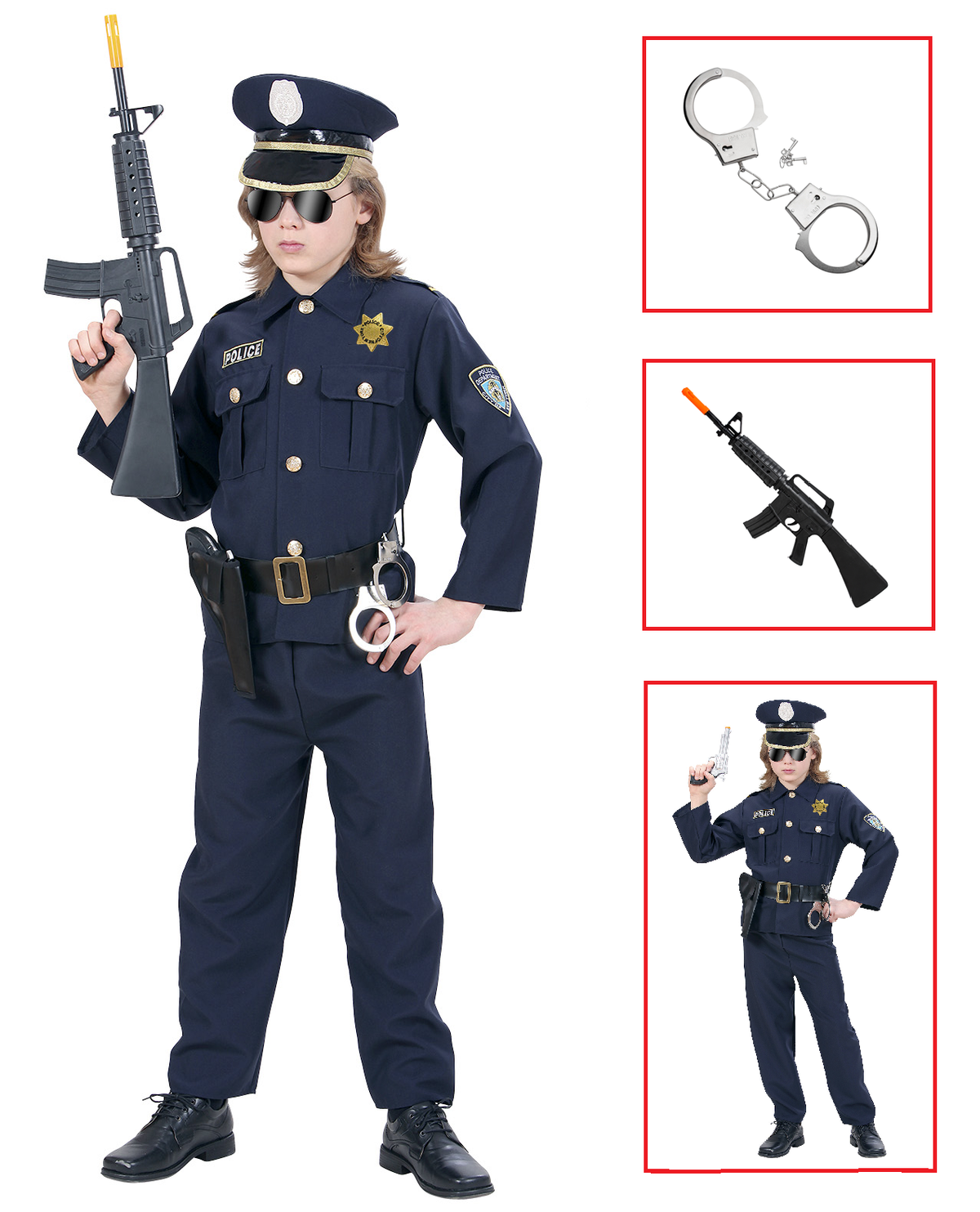 Vestito Carnevale + Accessori Poliziotto Costume Manette Fucile 4/5 Anni Travestimento - 7316+2413d+7084m