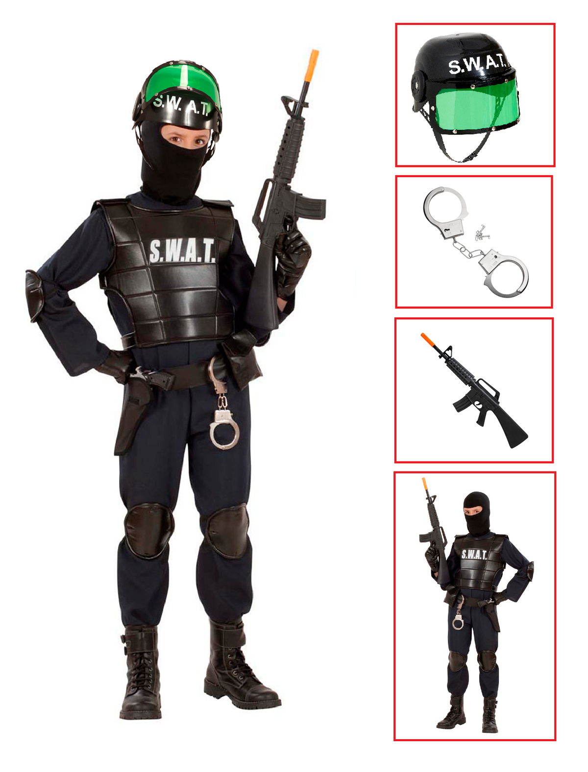 Vestito Carnevale + Accessori Agente Swat Costume Giubotto Antiproiettile Fucile Elmo Manette 5/7 Anni Travestimento - 5534+28225+7084m+2413d