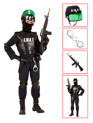 Vestito Carnevale + Accessori Agente Swat Costume Giubotto Antiproiettile Fucile Elmo Manette 4/5 Anni Travestimento - 5534+28225+7084m+2413d