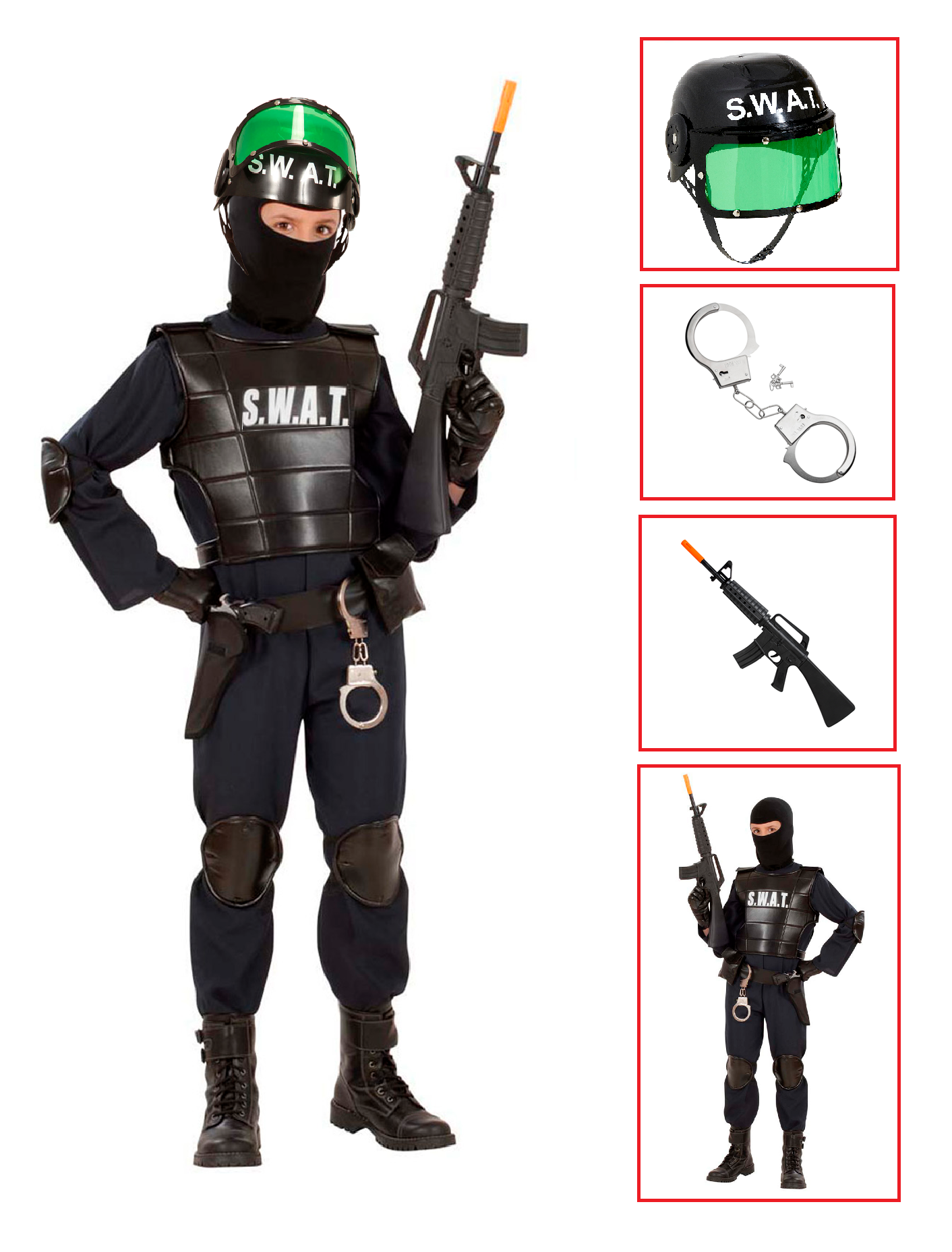Vestito Carnevale + Accessori Agente Swat Costume Giubotto Antiproiettile Fucile Elmo Manette 8/10 Anni Travestimento - 5534+28225+7084m+2413d
