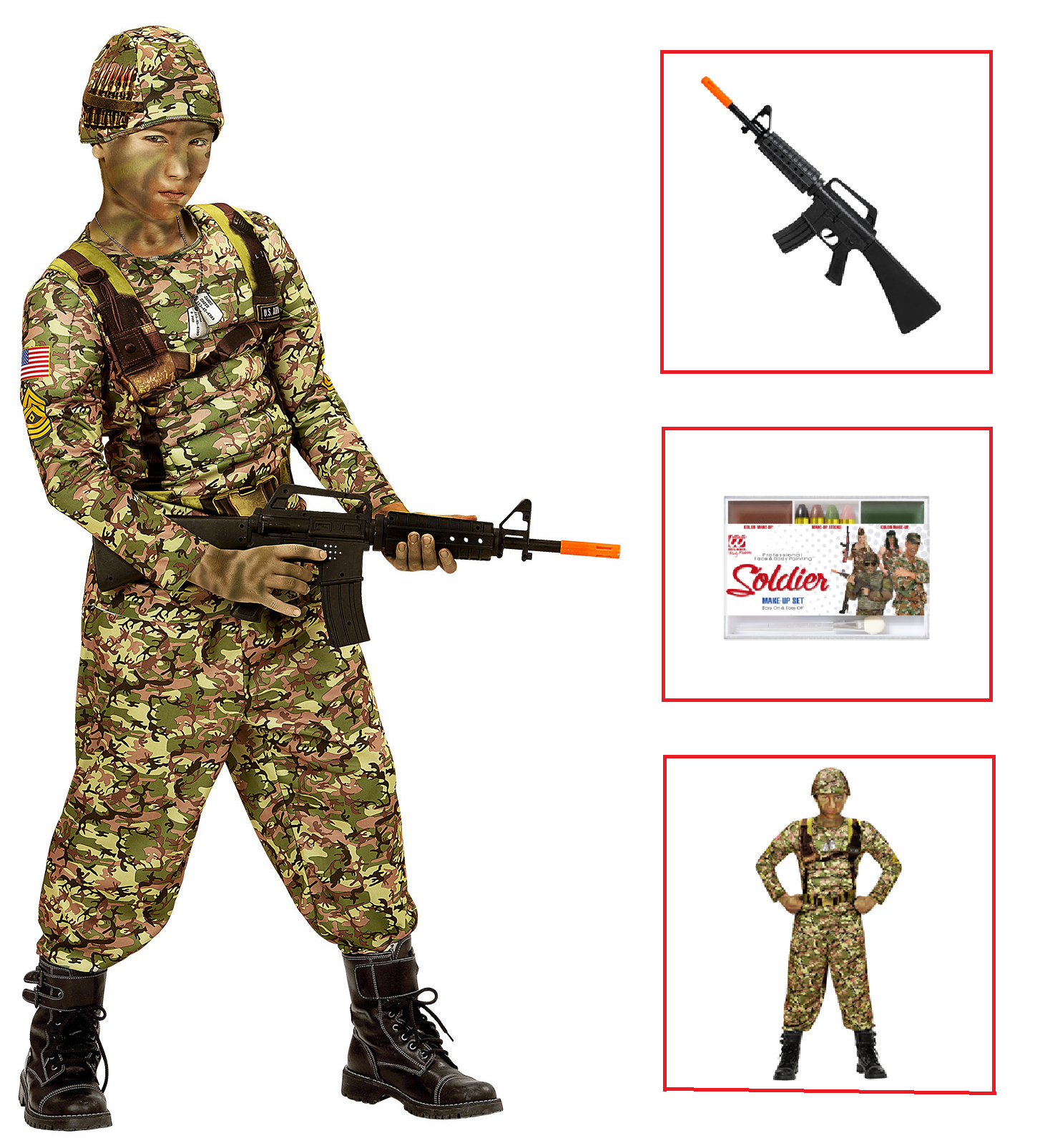 Vestito Carnevale + Accessori Soldato Power Soldier Costume Muscoli Fucile Set Trucco 8/10 Anni Travestimento - 0390+02412+7084m