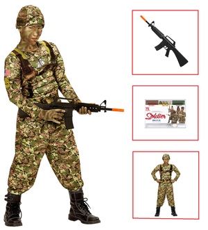 Vestito Carnevale + Accessori Soldato Power Soldier Costume Muscoli Fucile Set Trucco 8/10 Anni Travestimento - 0390+02412+7084m