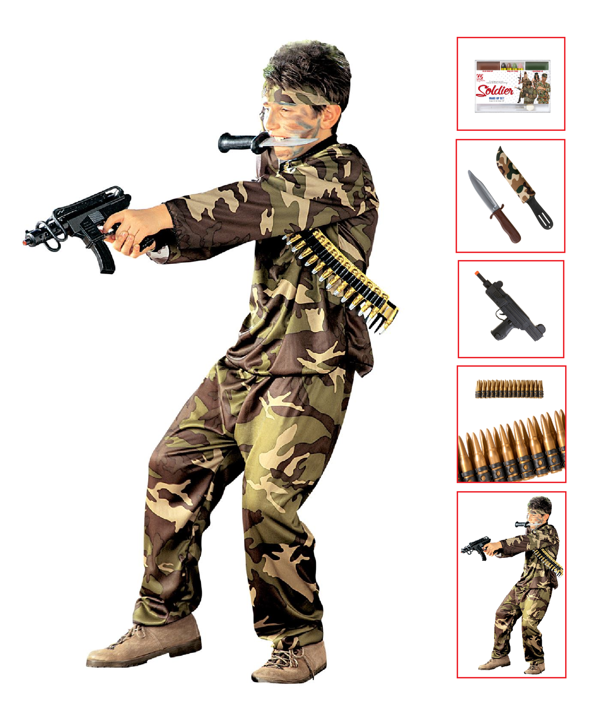 Vestito Carnevale + Accessori Soldato Costume Pugnale Pistola Pallottole Set Trucco 8/10 Anni Travestimento - 3840+02412+7083u+2724s+6985d