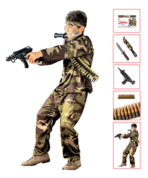 Vestito Carnevale + Accessori Soldato Costume Pugnale Pistola Pallottole Set Trucco 4/5 Anni Travestimento - 3840+02412+7083u+2724s+6985d