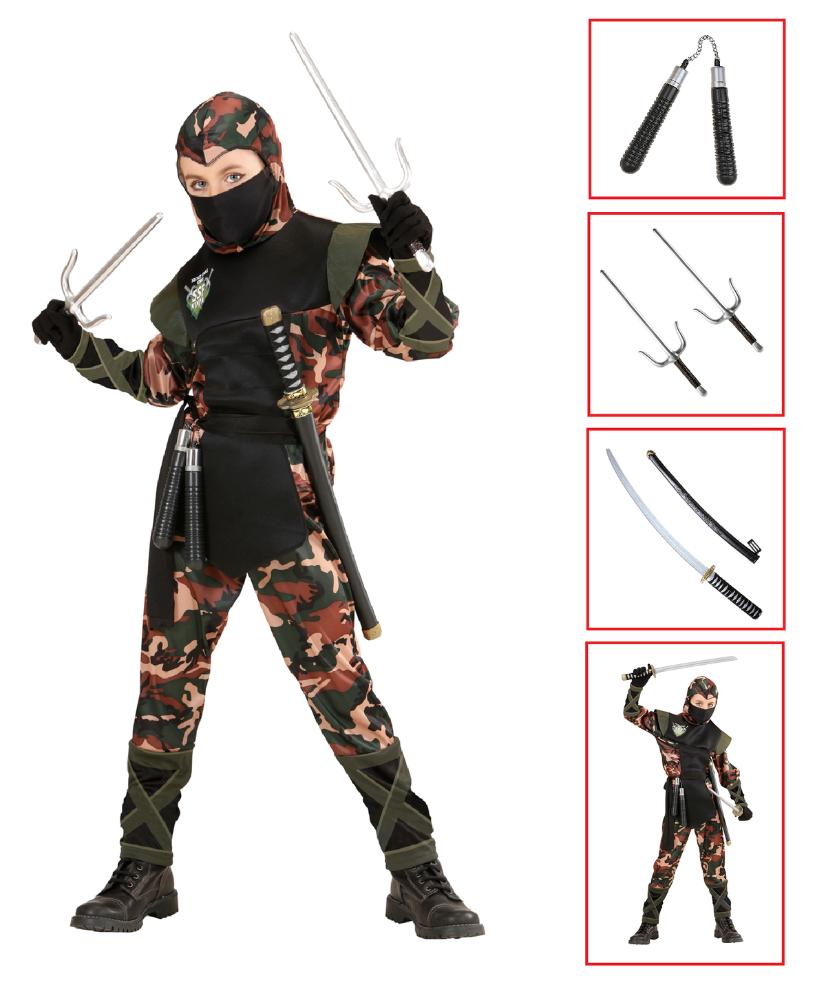 Vestito Carnevale + Accessori Soldato Ninja Costume Nunchaku Spada Sai Spada Giapponese Ninja con Fodero 11/13 Anni Travestimento - 7652+6766n+8711s+2728q