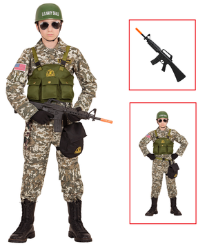 Vestito Carnevale + Accessori Soldato Navy Seals Costume Elmo Fucile D'assalto 5/7 Anni Travestimento - 9684+7084m