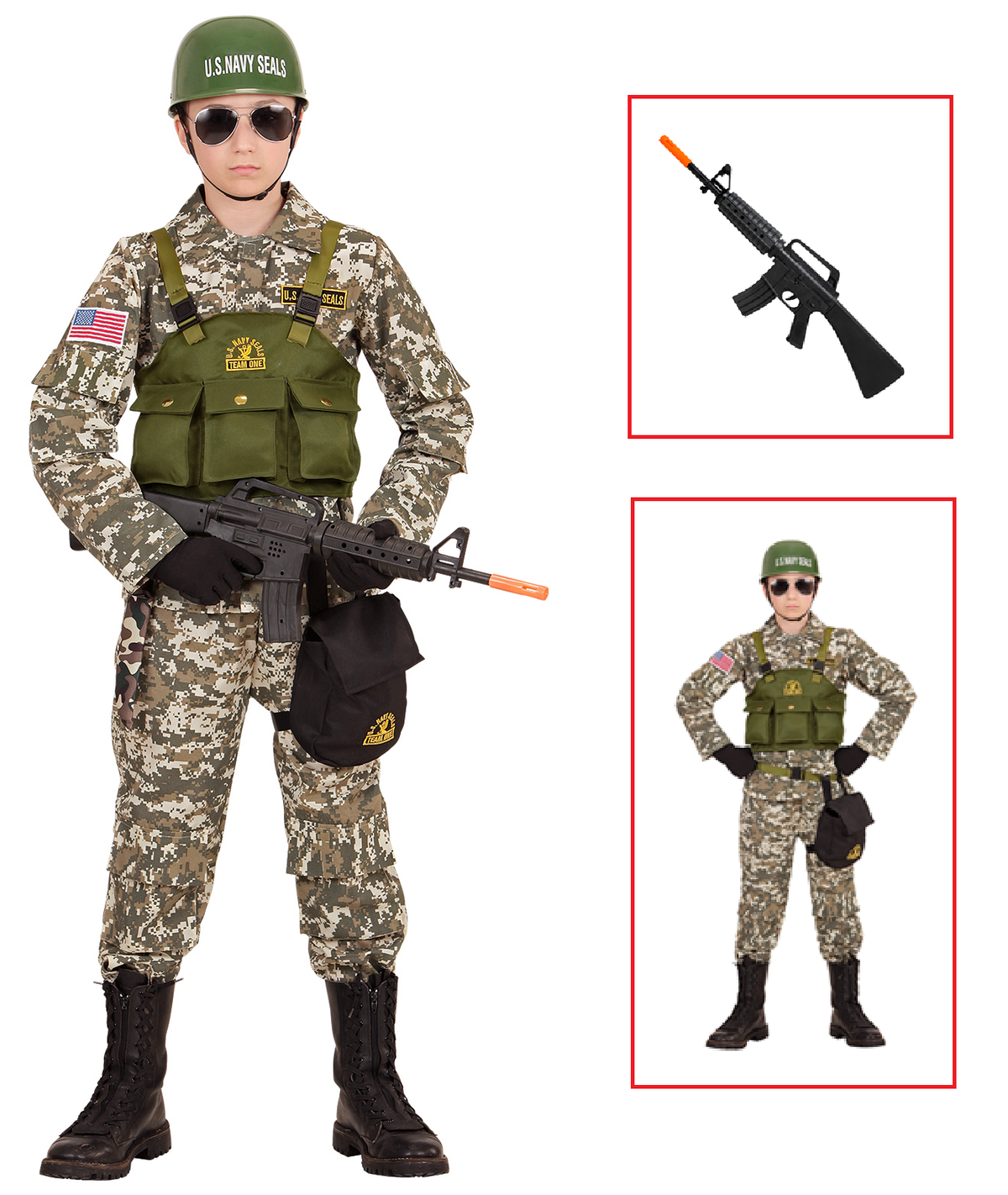 Vestito Carnevale + Accessori Soldato Navy Seals Costume Elmo Fucile D'assalto 8/10 Anni Travestimento - 9684+7084m