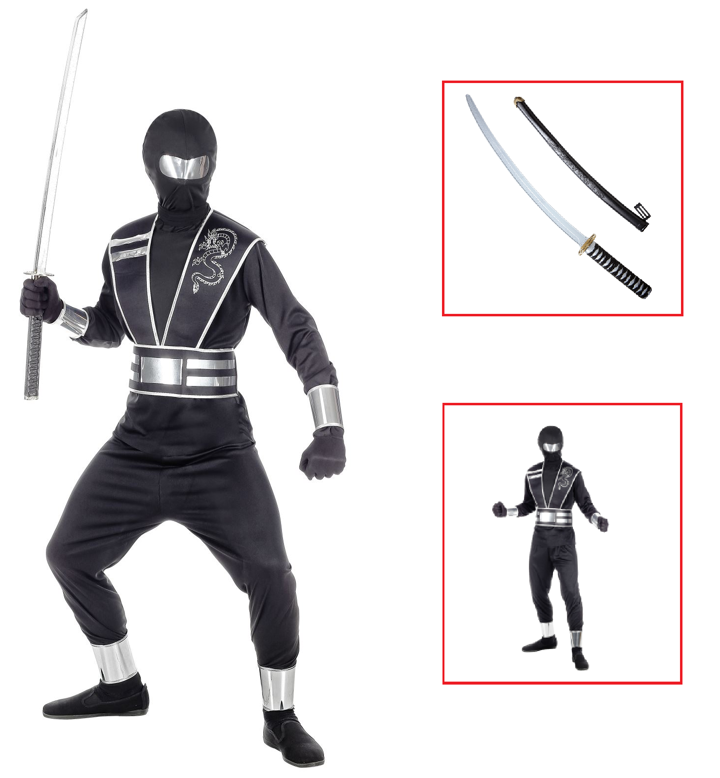 Vestito Carnevale + Accessori Mirror Ninja Costume Spada Giapponese Ninjia con Fodero 8/10 Anni Travestimento - 0011+2728q
