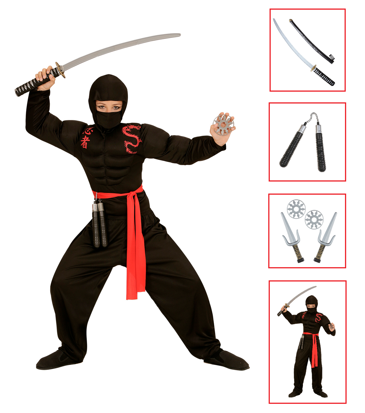 Vestito Carnevale + Accessori Super Ninja Muscoloso Costume Nunchaku Spada Giapponese con Fodero Set Armi 5/7 Anni Travestimento - 0052+6766n+2728q+01025