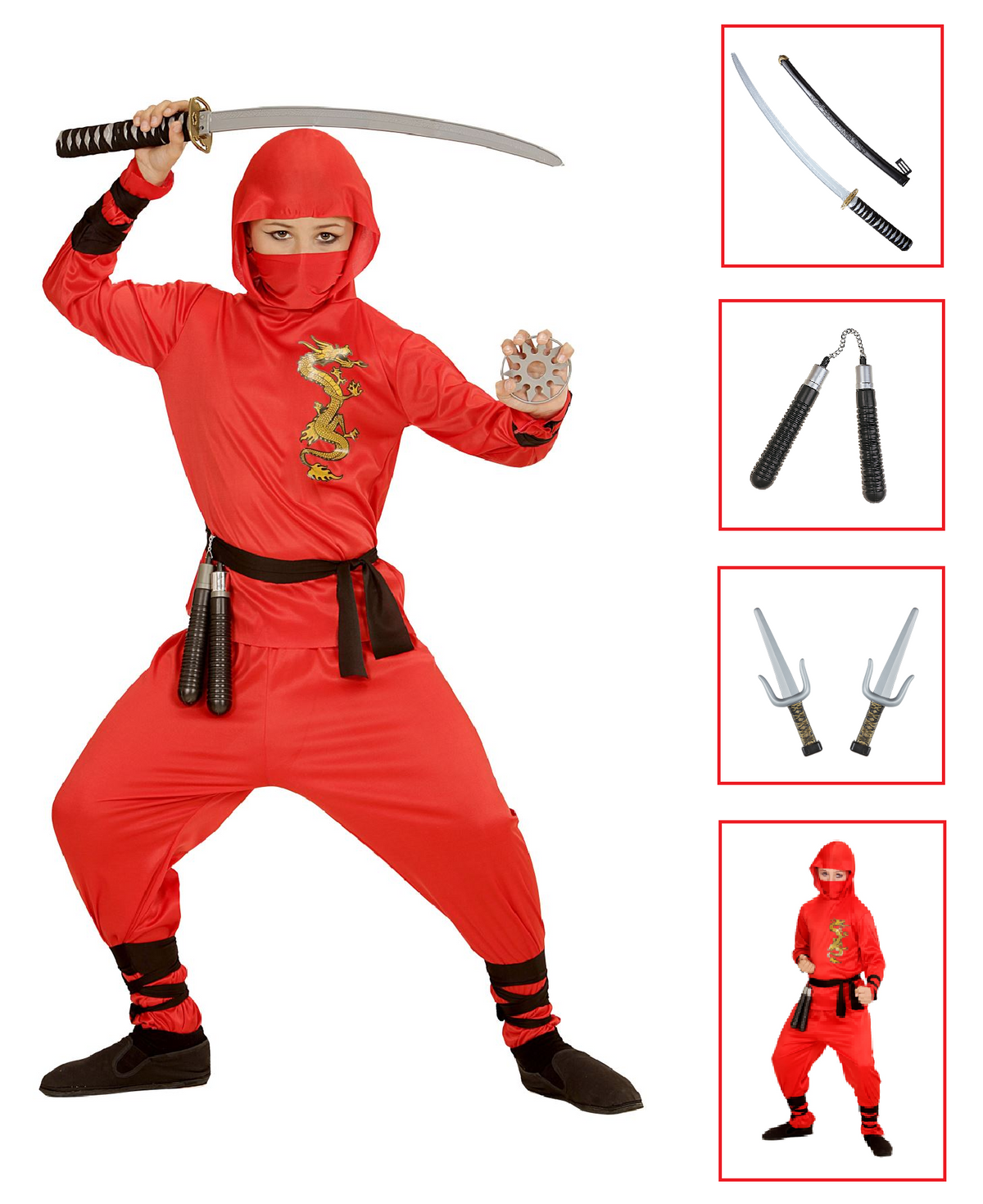 Vestito Carnevale + Accessori Red Dragon Ninja Costume Nunchaku Spada Giapponese con Fodero Sai Spada Travestimento (4/5 Anni)