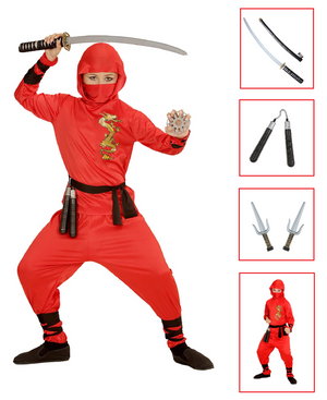 Vestito Carnevale + Accessori Red Dragon Ninja Costume Nunchaku Spada Giapponese con Fodero Set Armi 5/7 Anni Travestimento - 0133+6766n+2728q+01025