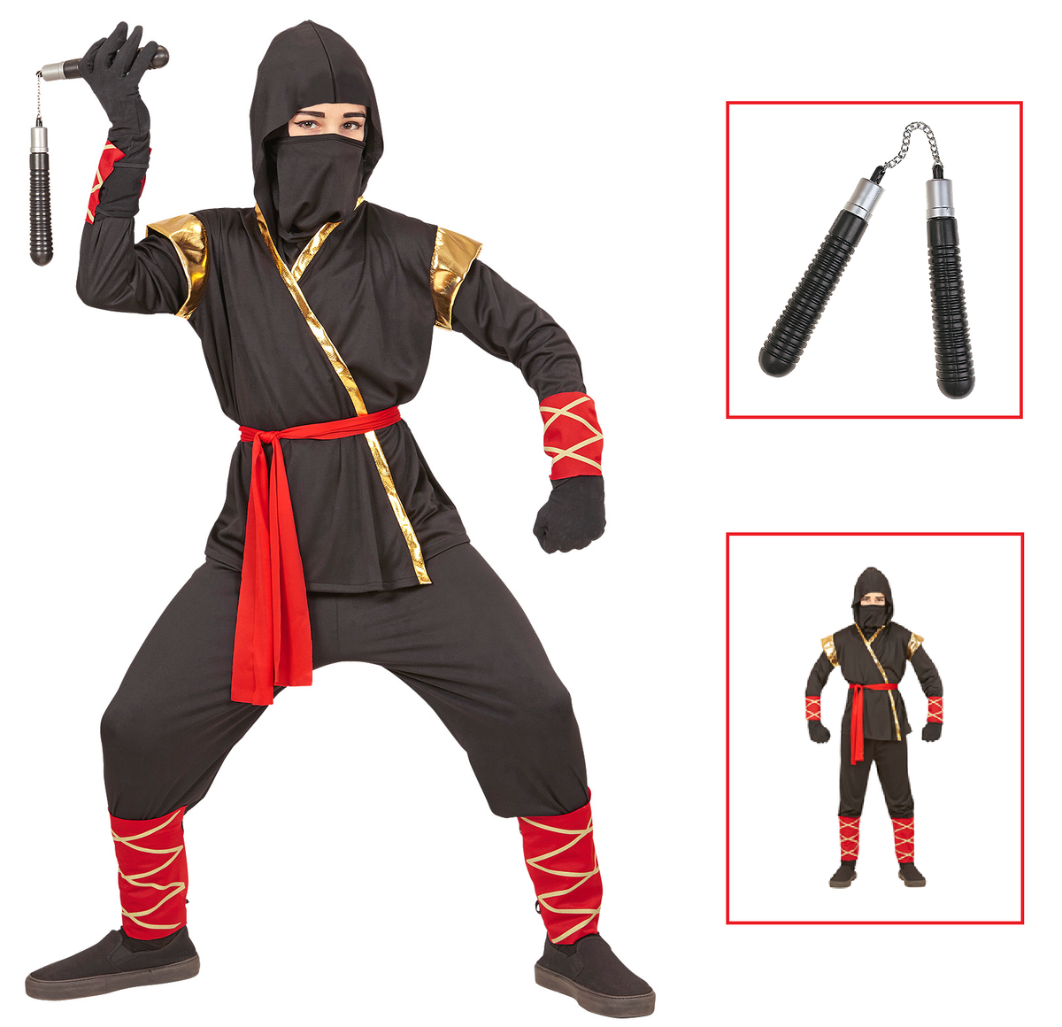 Vestito Carnevale + Accessori Ninja Costume Nunchaku 11/13 Anni Travestimento - 9681+6766n