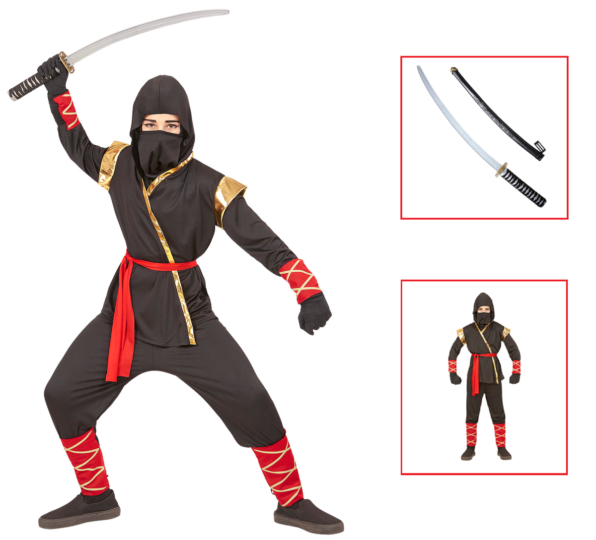 Vestito Carnevale + Accessori Ninja Costume Spada Giapponese con Fodero 4/5 Anni Travestimento - 9681+2728q