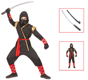 Vestito Carnevale + Accessori Ninja Costume Spada Giapponese con Fodero 8/10 Anni Travestimento - 9681+2728q
