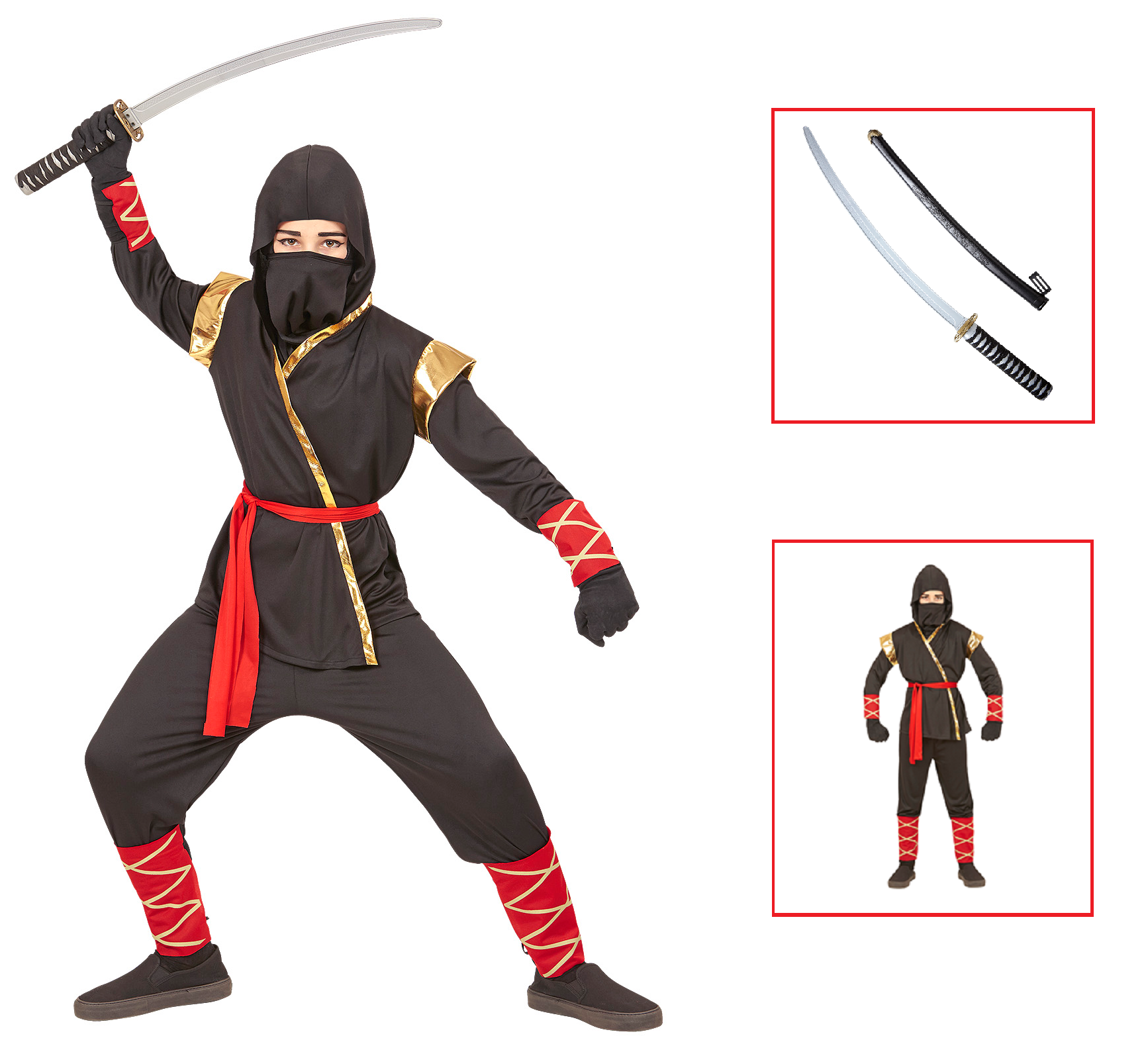 Vestito Carnevale + Accessori Ninja Costume Spada Giapponese con Fodero 5/7 Anni Travestimento - 9681+2728q