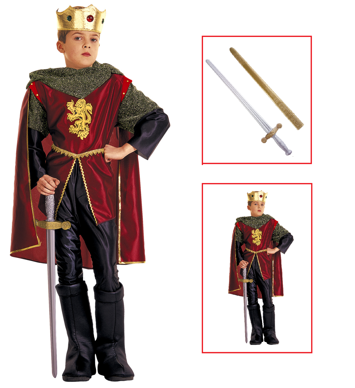 Vestito Carnevale + Accessori Cavaliere Reale Costume Corona Spada con Fodero 8/10 Anni Travestimento - 3710+7001c