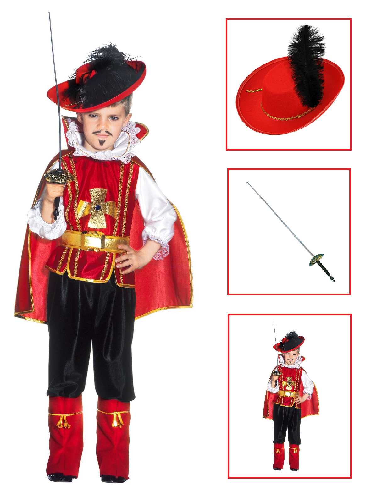 Vestito Carnevale + Accessori Moschettiere Casacca Pantaloni Mantello Cappello Fioretto 4/5 Anni Travestimento - 3683+34152+6765z
