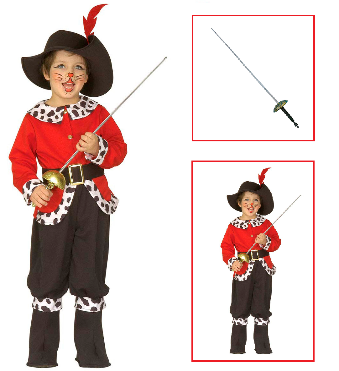 Vestito Carnevale + Accessori Gatto Delle Fiabe Costume Fioretto 4/5 Anni Travestimento - 4392+6765z