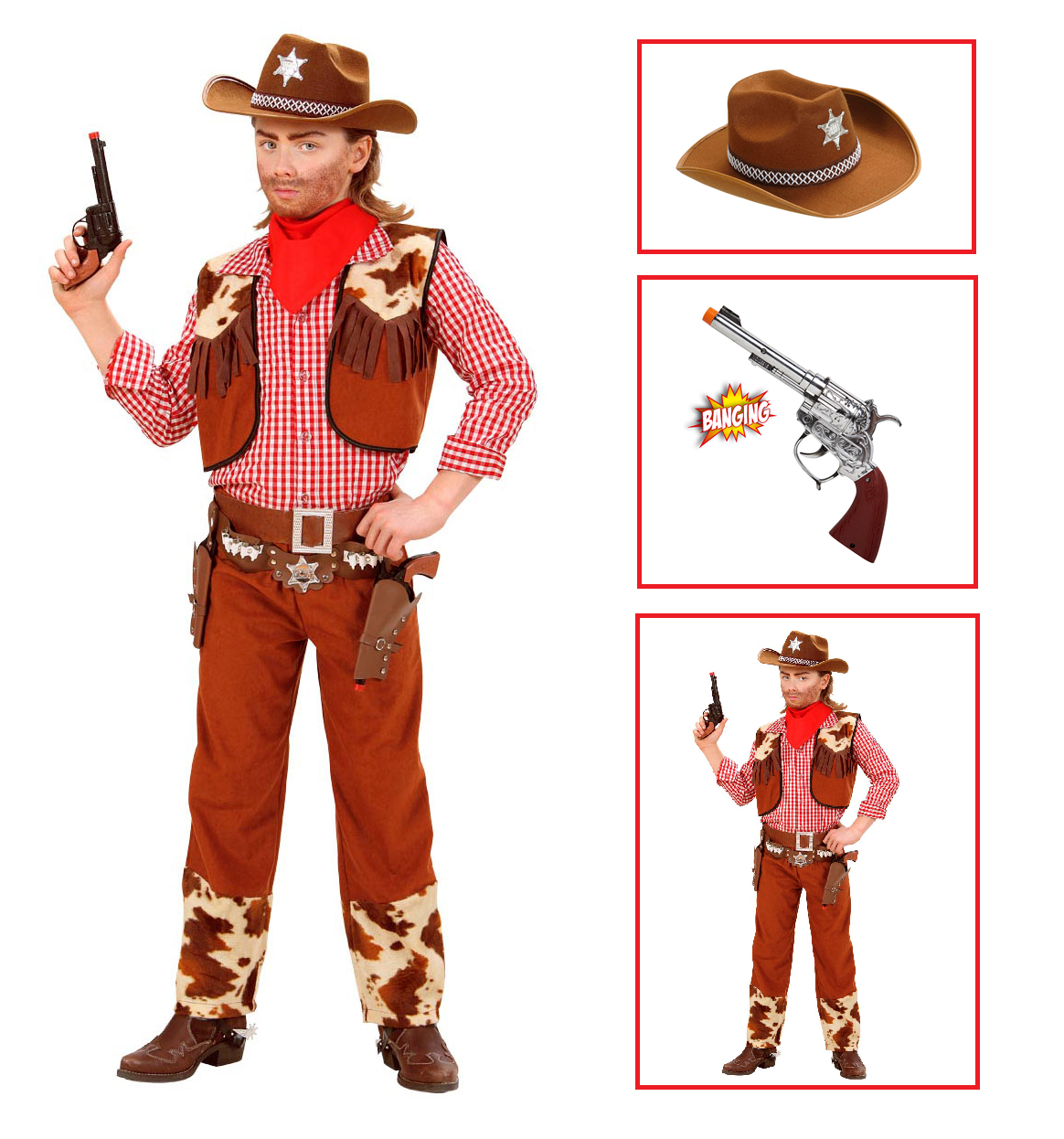 Vestito Carnevale + Accessori Cowboy Costume Cappello Pistola con Suono 8/10 Anni Travestimento - 5880+2475k+2783p
