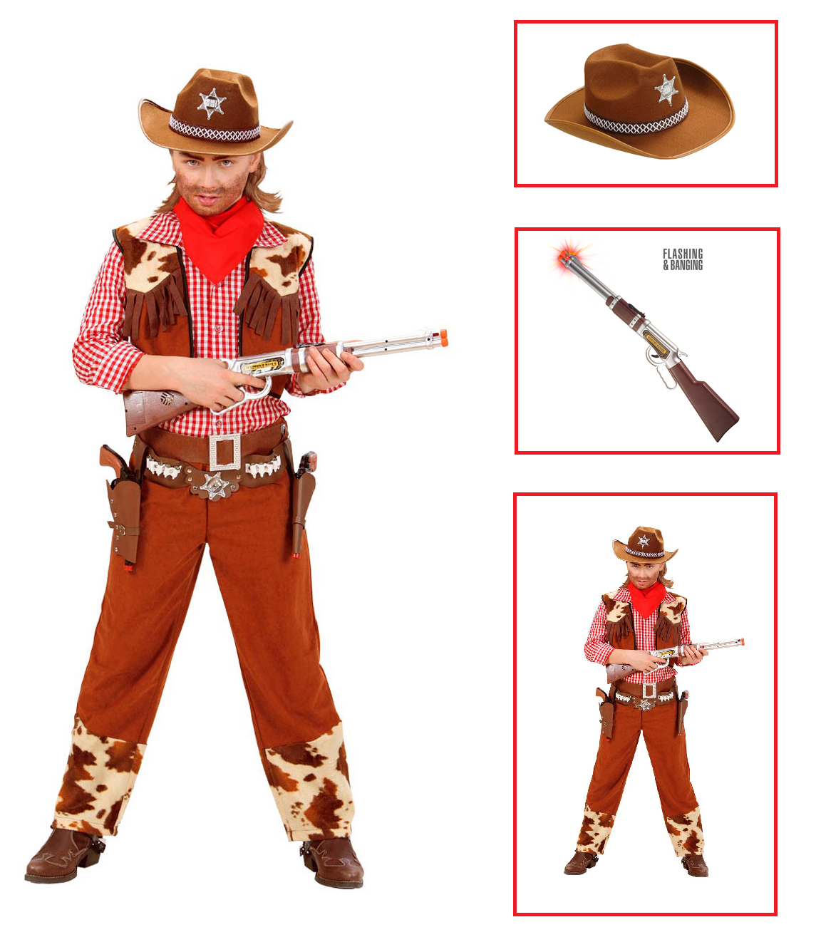 Vestito Carnevale + Accessori Cowboy Costume Cappello Fucile con Suono e Luci 11/13 Anni Travestimento - 5880+2475k+2782s