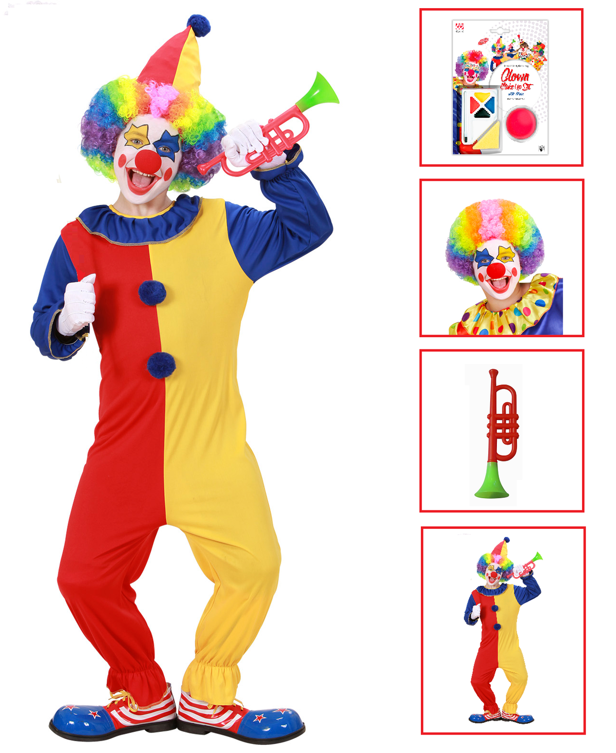 Vestito Carnevale + Accessori Clown Costume Parrucca Tromba Set Trucco con Naso 11/13 Anni Travestimento - 0257+4044n+74590+2720t