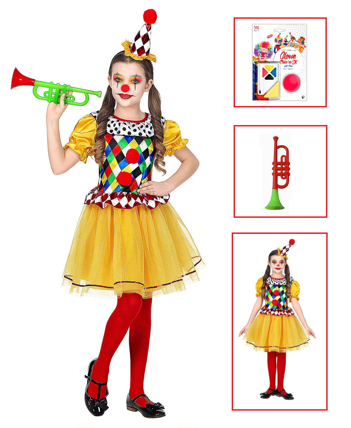Vestito Carnevale + Accessori Clown Costume Tromba Set Trucco con Naso 4/5 Anni Travestimento - 0695+4044n+2720t