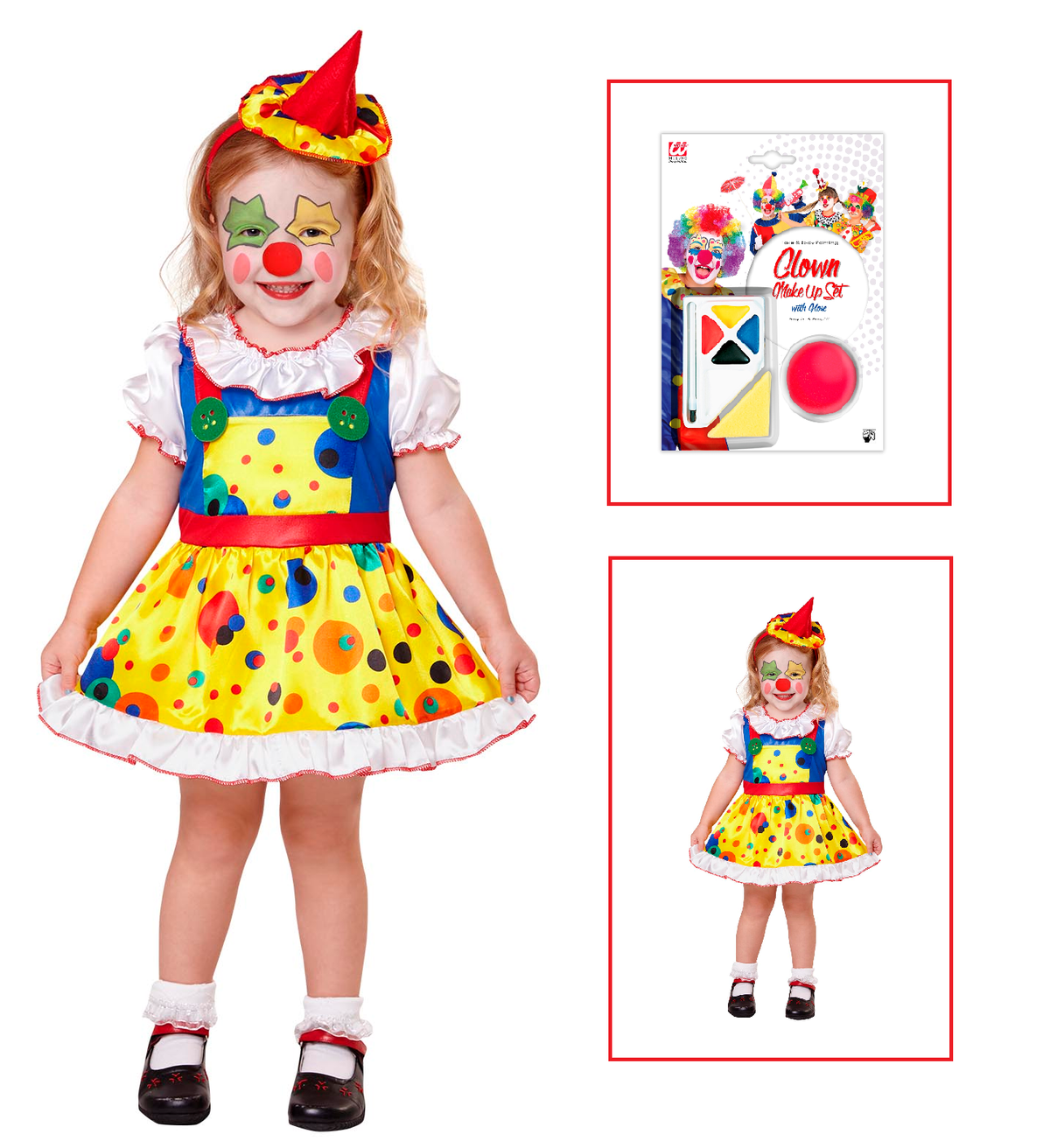 Vestito Carnevale + Accessori Clown Girl Costume Mini Cappello Set Trucco con Naso 2/3 Anni Travestimento - 0754+4044n