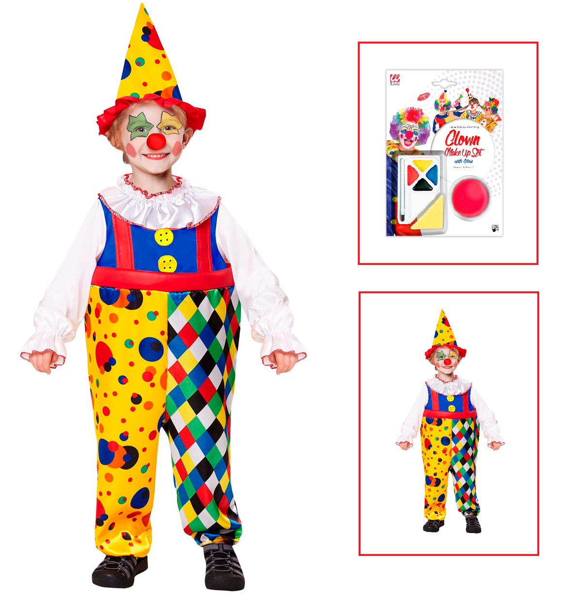 Vestito Carnevale + Accessori Clown Costume Cappello Set Trucco con Naso 2/3 Anni Travestimento - 0755+4044n
