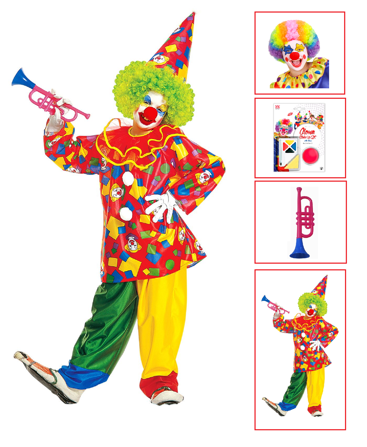 Vestito Carnevale + Accessori Funny Clown Costume Parrucca Tromba Set Trucco con Naso 2/3 Anni Travestimento - 3858+4044n+74590+2720t