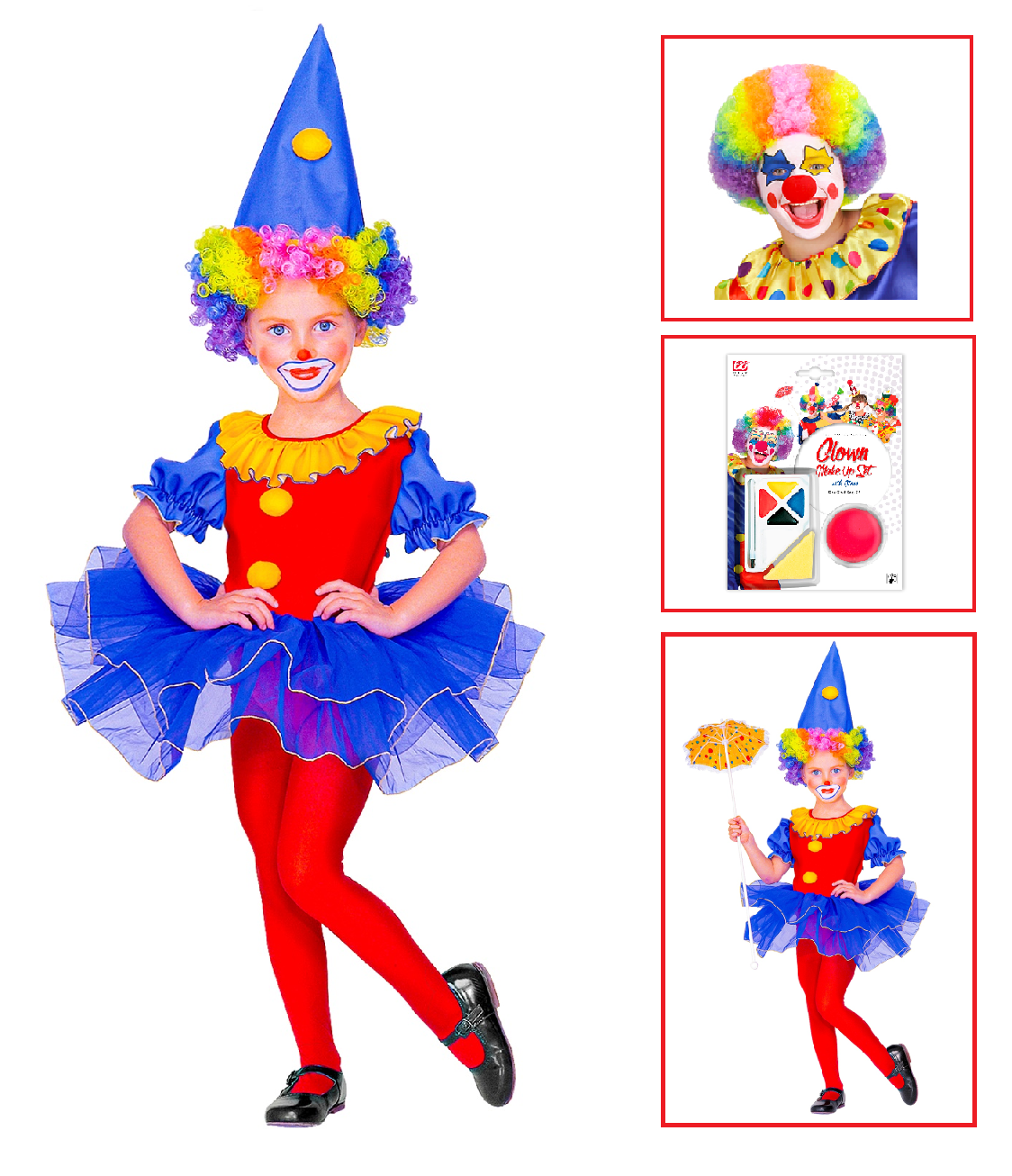 Vestito Carnevale + Accessori Clown Ballerina Costume Parrucca Set Trucco con Naso 4/5 Anni Travestimento - 4377+74590+4044n