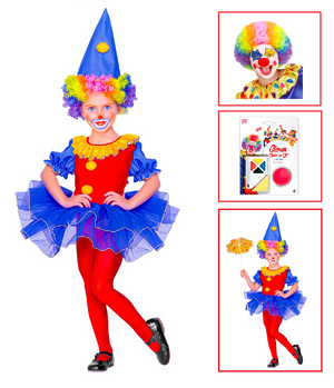 Vestito Carnevale + Accessori Clown Ballerina Costume Parrucca Set Trucco con Naso 4/5 Anni Travestimento - 4377+74590+4044n