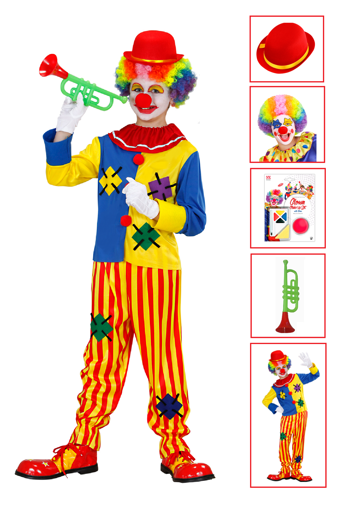 Vestito Carnevale + Accessori Pagliaccio Costume Cappello Parrucca Tromba Set Trucco con Naso 5/7 Anni Travestimento - 7651+32631+2720t+74590+4044n
