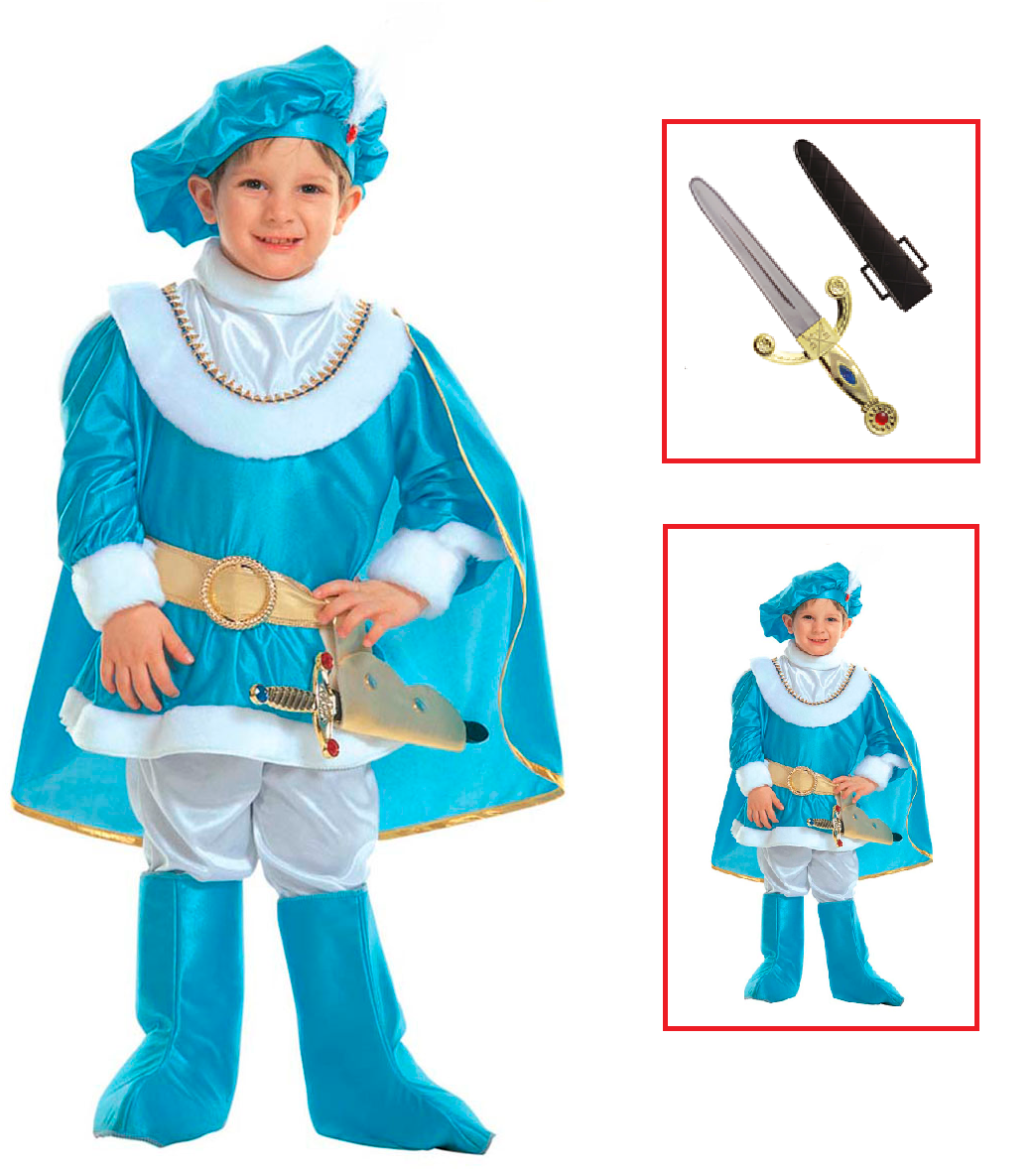 Vestito Carnevale + Accessori Principe Azzurro Costume Pugnale con Gemme e Fodero 3/4 Anni Travestimento - 3691+7003p