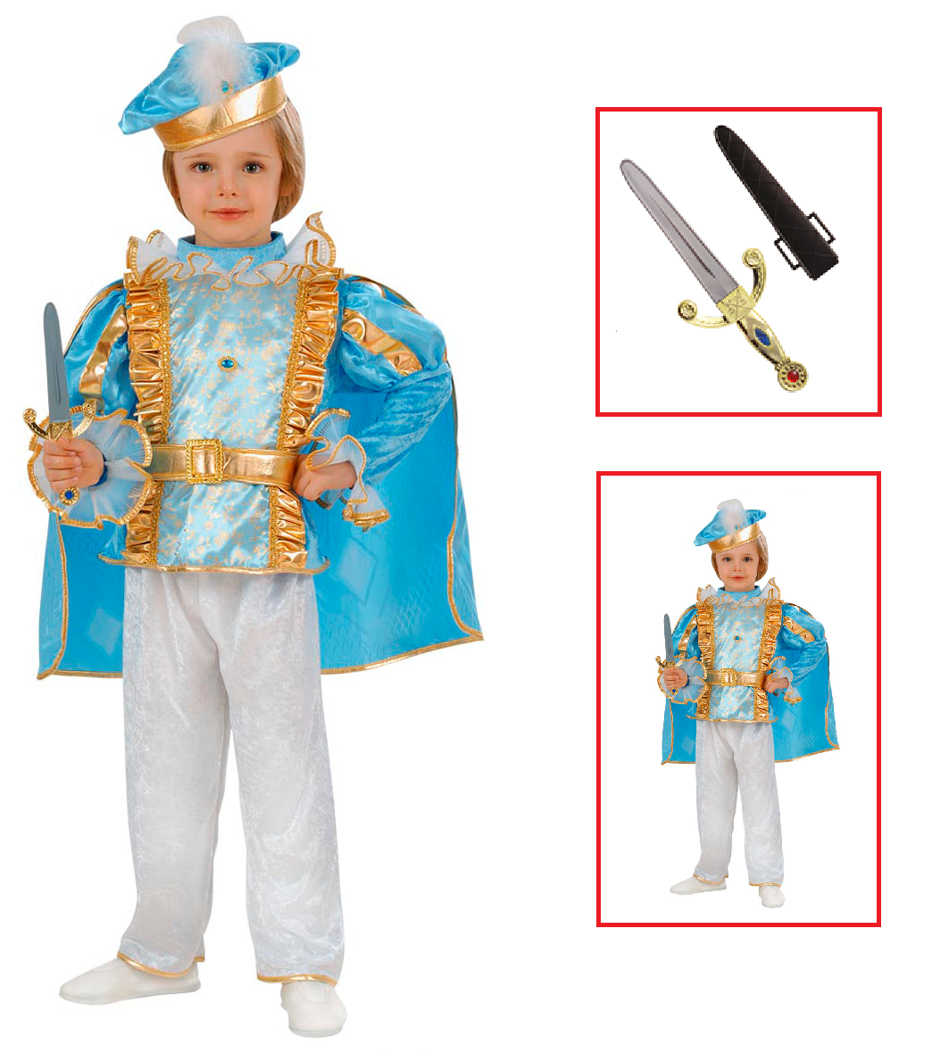 Vestito Carnevale + Accessori Principe Azzurro Costume Pugnale con Gemme e Fodero 1/2 Anni Travestimento - 4920+7003p