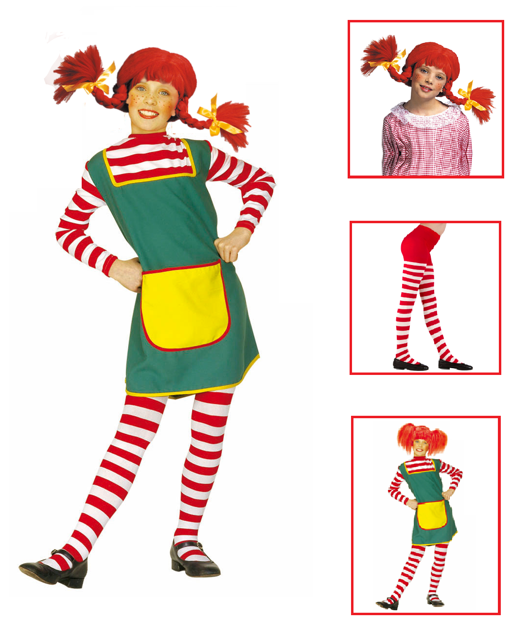 Vestito Carnevale + Accessori Naughty Girl Pippi Costume Parrucca Calze 4/5 Anni Travestimento - 3607+01234+6288m