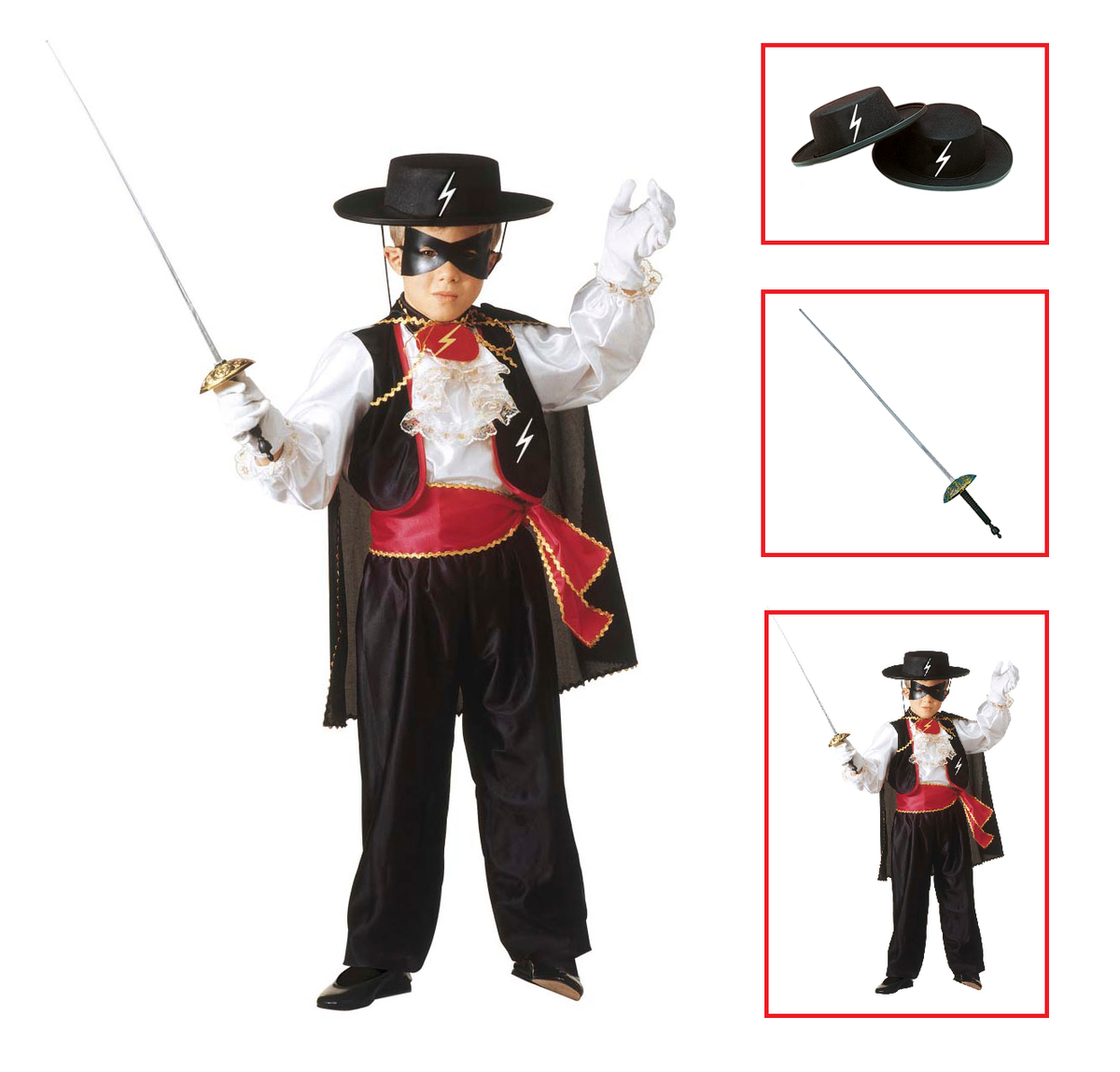 Vestito Carnevale + Accessori Zorro Eroe Bandito Mascherato Costume Cappello Fioretto 4/5 Anni Travestimento - 3682+3411z+6765z