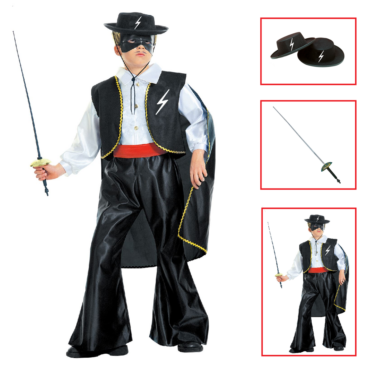 Vestito Carnevale + Accessori Zorro Bandito Mascherato Costume Cappello Fioretto 11/13 Anni Travestimento - 3867+6765z+3411z