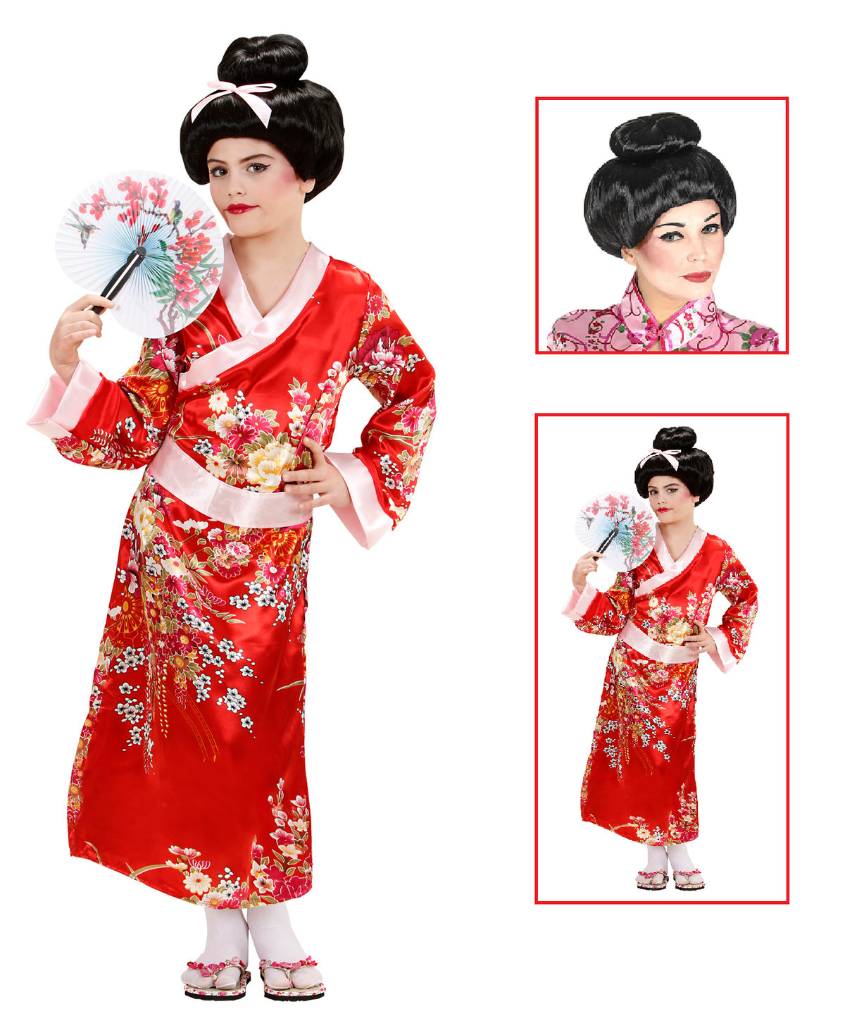 Vestito Carnenale + Accessori Geisha Bambina Giapponese Kimono Parrucca 11/13 Anni Travestimento - 7653+01509