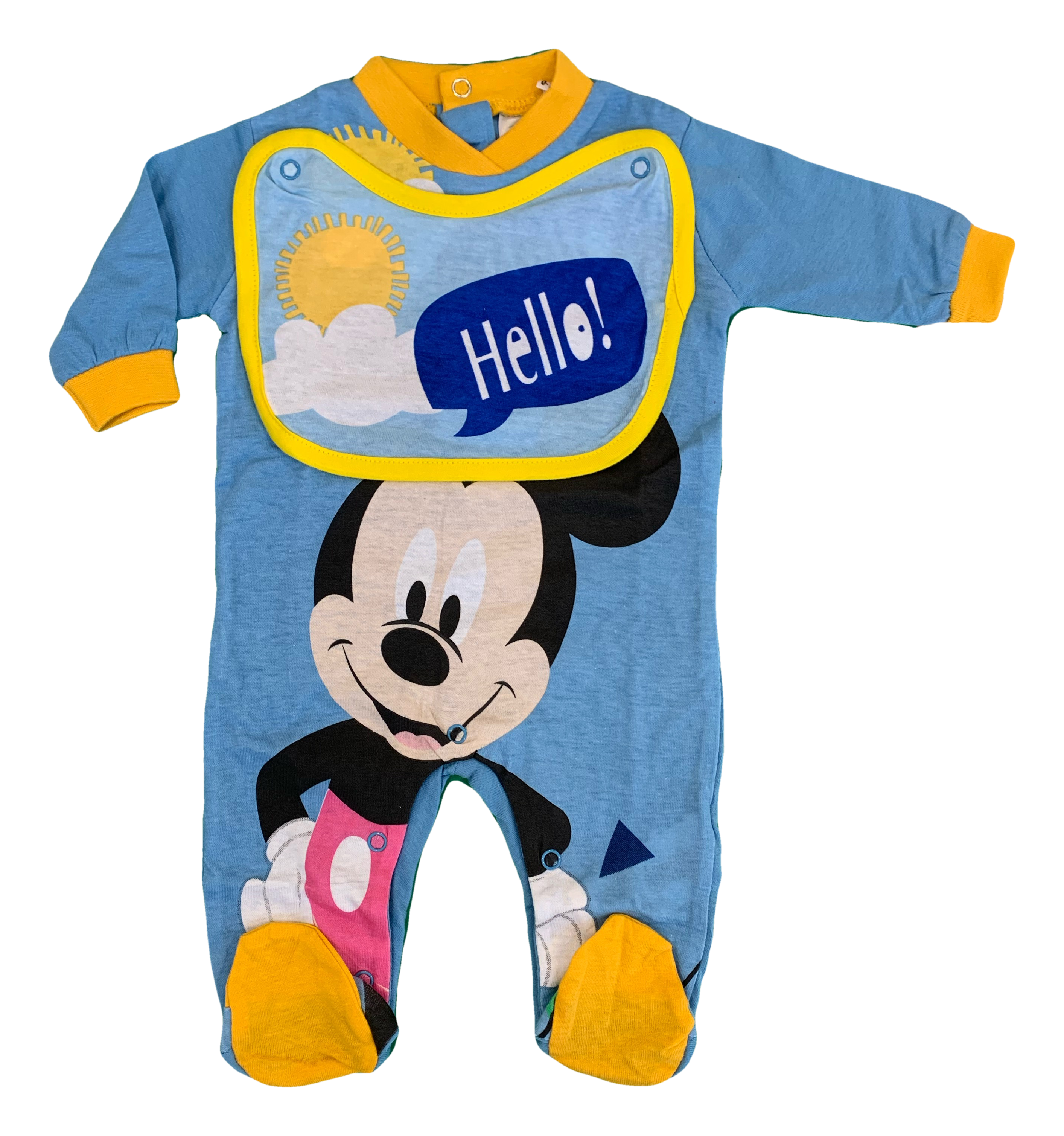 Tutina Lunga con Piedini + Bavetto Mickey Mouse DISNEY Topolino 100% Cotone 0/6 Mesi - Mic1728/1