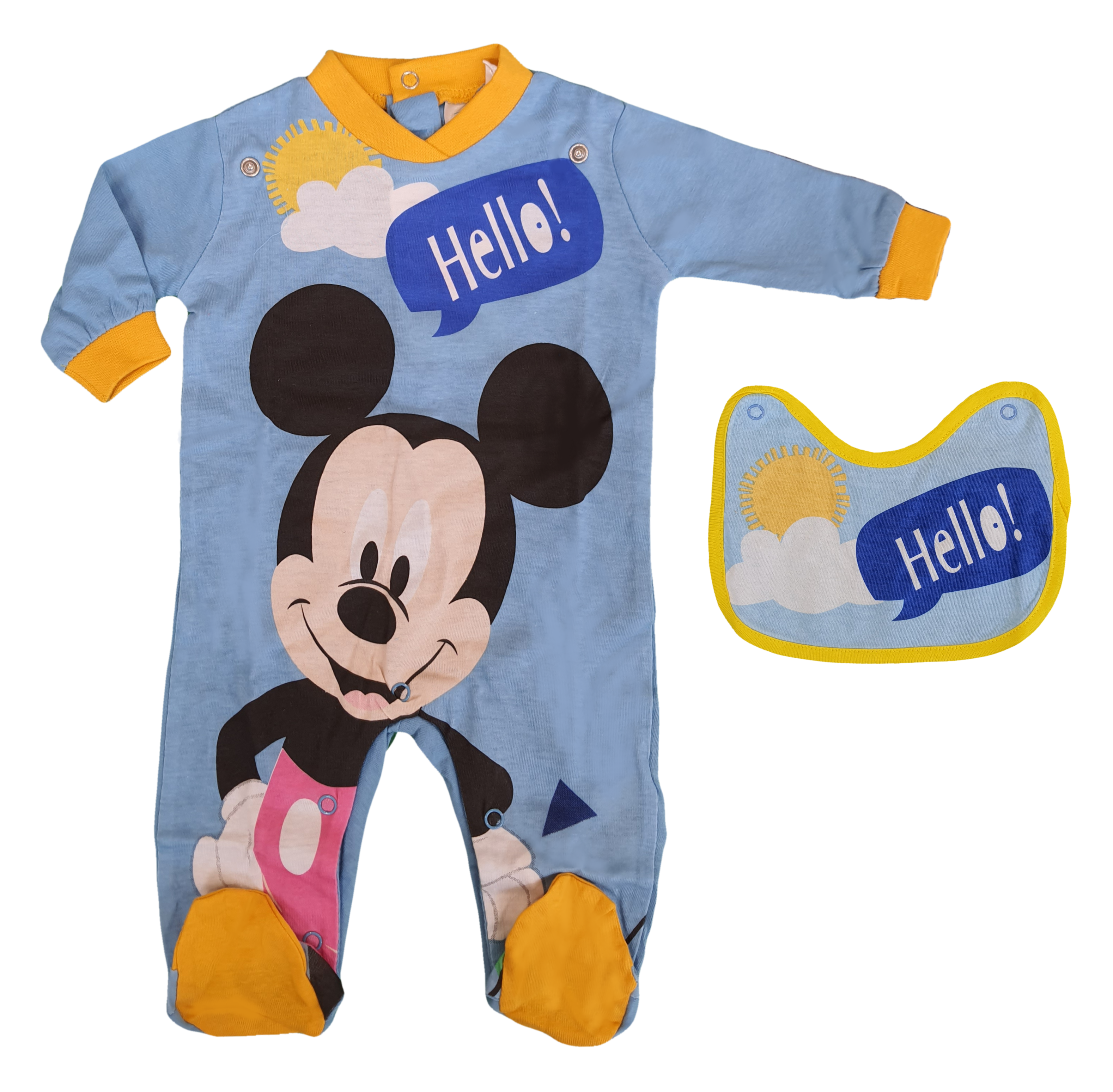 Tutina Lunga con Piedini + Bavetto Mickey Mouse DISNEY Topolino 100% Cotone 0/6 Mesi - Mic1728/1