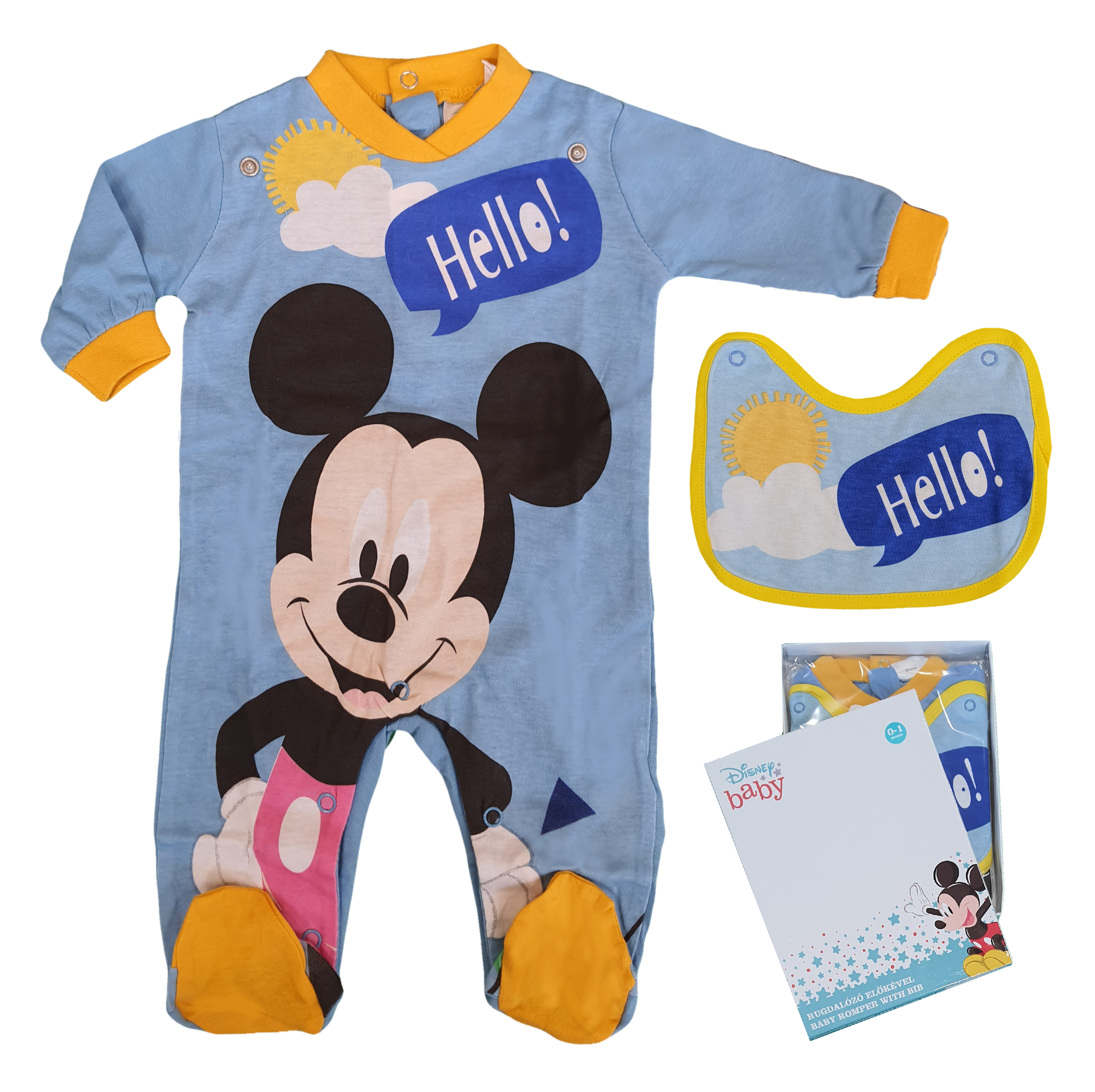 Tutina Lunga con Piedini + Bavetto Mickey Mouse DISNEY Topolino 100% Cotone 0/6 Mesi - Mic1728/1